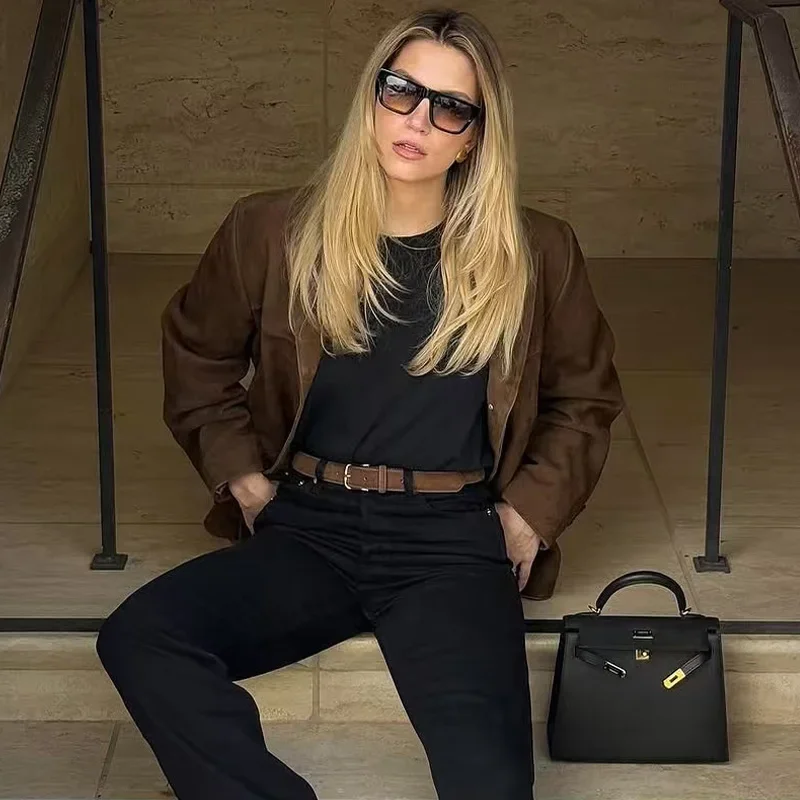 Damesblazer Suède jas Outerwears Lente Bruin Blazer met lange mouwen Vintage effen pakjas Dames Top Hoge kwaliteit blazers