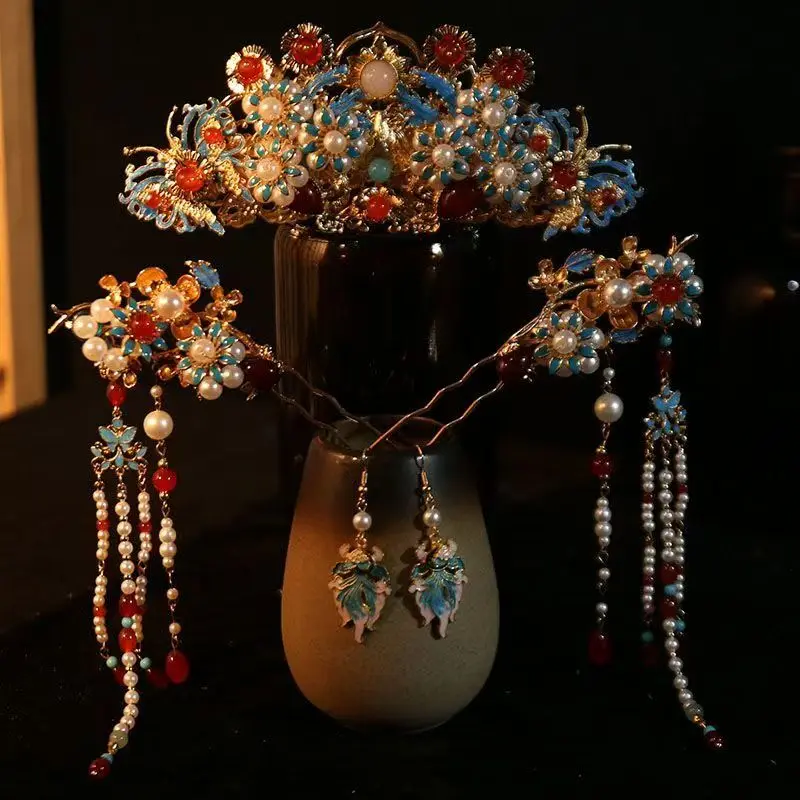 Ancient Style Hanfu New Chinese Style Bride Headwear Heavy Work Luxury Burned Blue Hair Crown Accessories Set