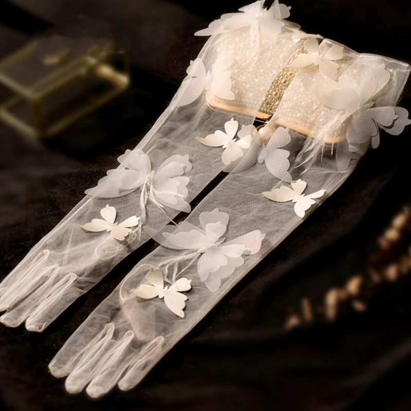 Stock Luxury Princess Women Wedding Gloves Full Finger Butterfly Feather Elbow Length Bridal Acccessory guantes largos mujer