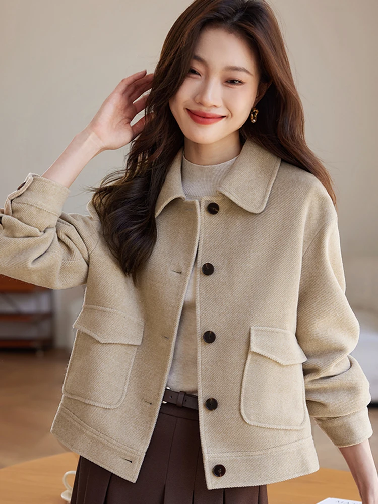 

Ele ort Woolen Jaet Women's Autumn Winter Spring Faion Casual Collar Coat Sli Top Button Detail