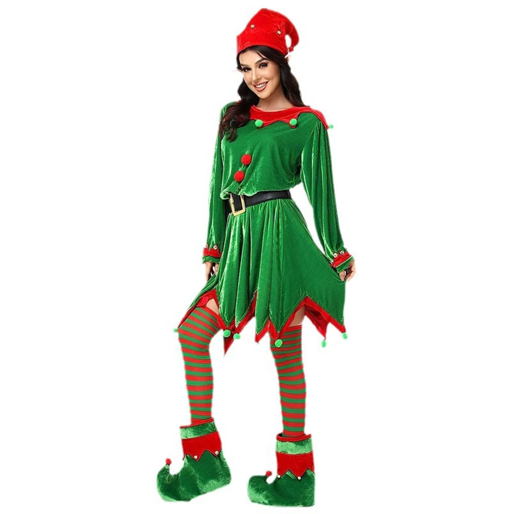 Kostium Elfa dla dorosłych Damski świąteczny kostium Świętego Mikołaja Zielony Elf Cosplay Pełny zestaw strojów Karnawał Impreza Fancy Dress Xmas Elf Clothes Set