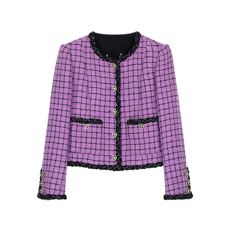 

Purple Plaid Fashion Vintage Wine Jacket Women Fashion Round Neck Contrast Tweed Fragrance Long Sleeve French Coat Woman