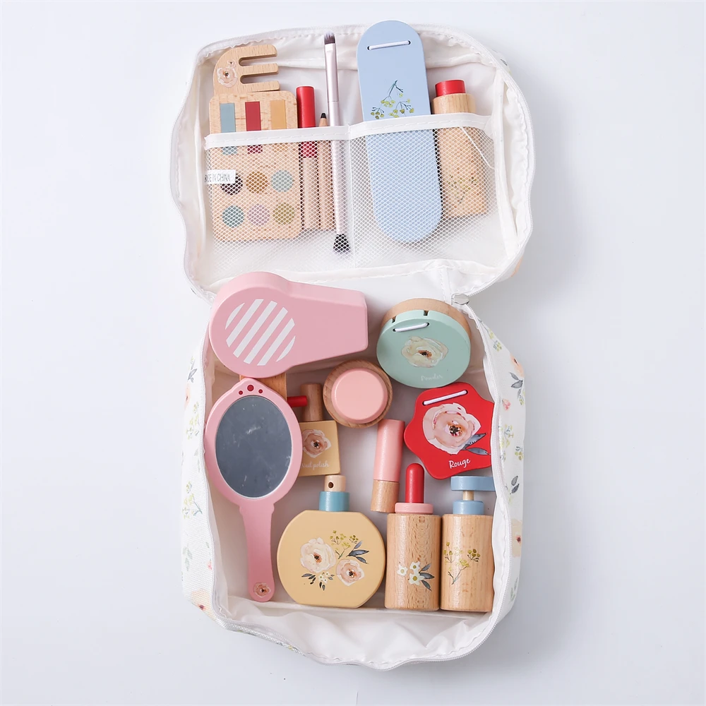 Baby Wooden Pretend Play Makeup Toys Girls Play House Hairdressing Simulation Make Up Preschool Toys Simulation Cosmetics Set