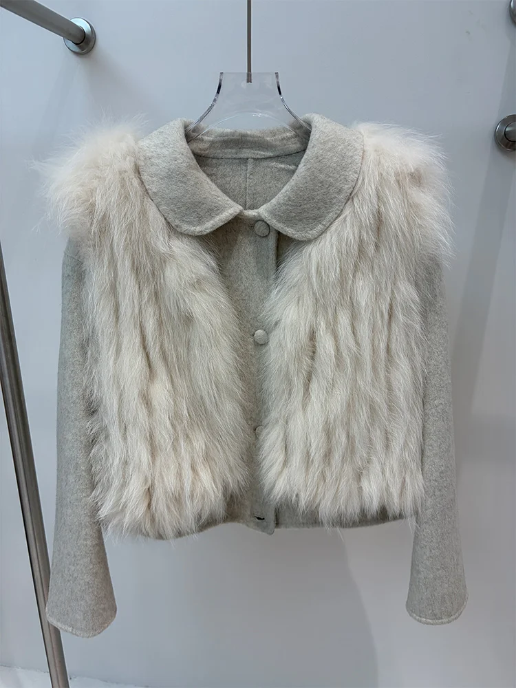 Winter Coat Detachable Real Fox Fur Vest  Wool Cashmere Jacket Set Ladies Short Outerwear Warm Luxury Two Piece Outfit