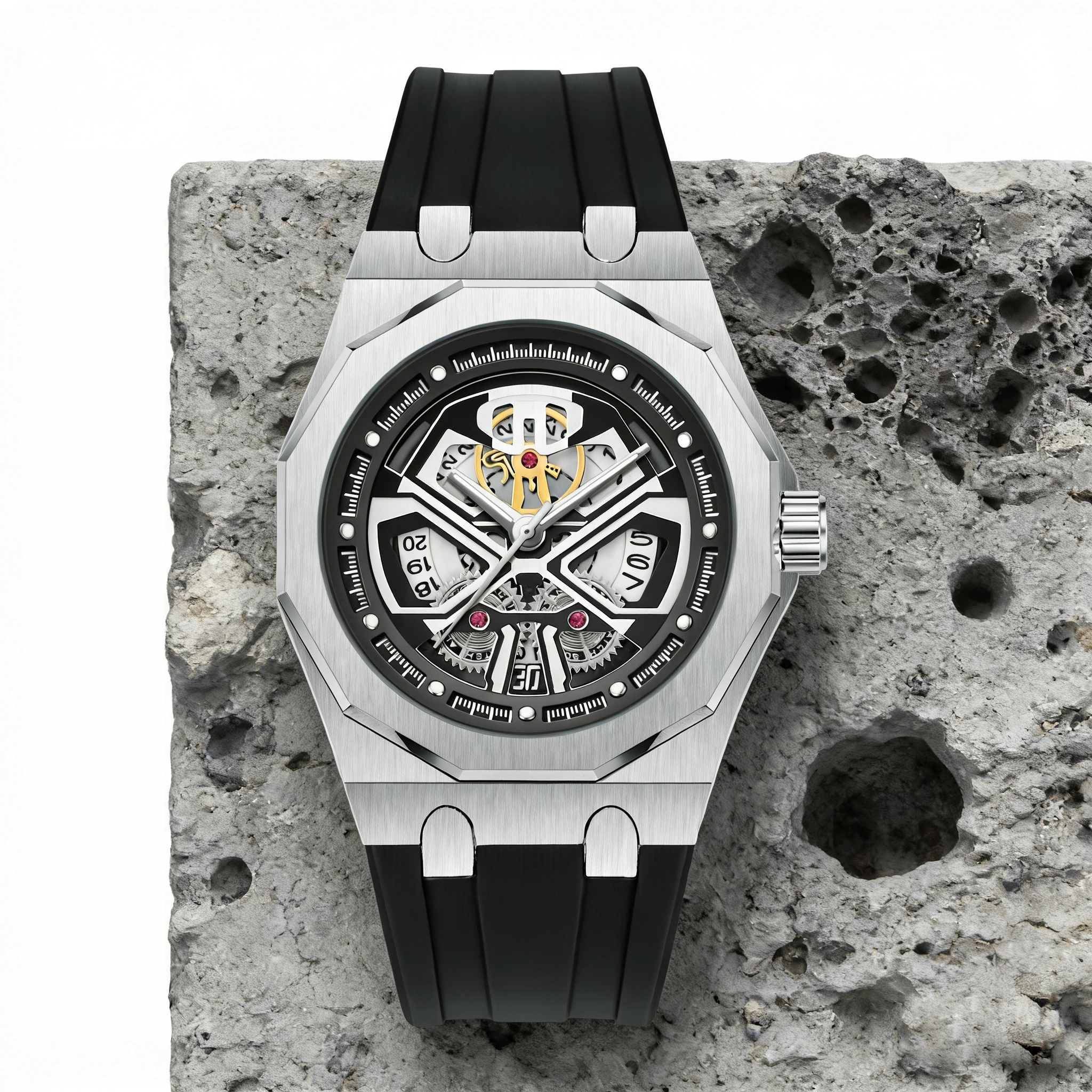 Men's Quartz Watch, Crafted with Quartz Movement, Black Warrior 12-Sided Case with a Hollowed-Out Face and Silicone Strap, Large