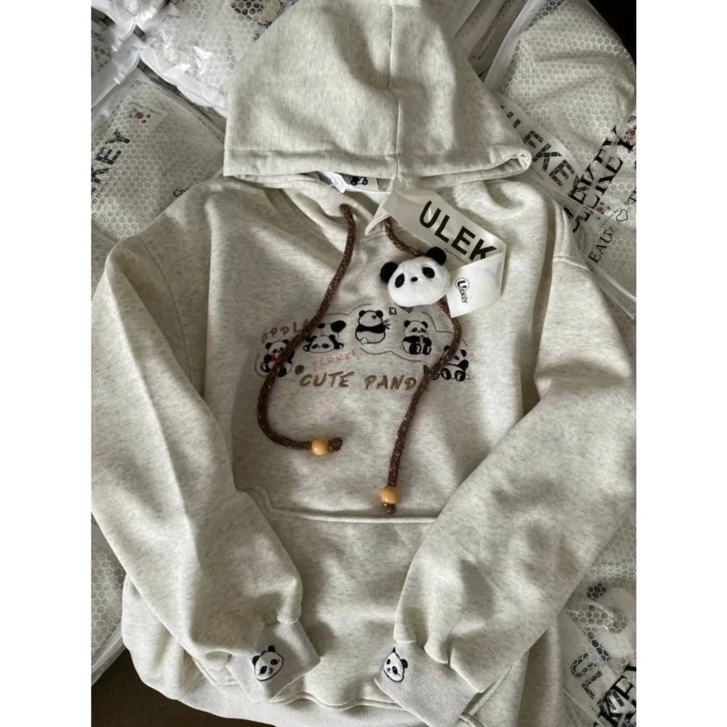 

Panda Embroidery Hooded Sweatshirt Cute Animal Plush Hooded Sweatshirt New Stylish Autumn/Winter Women's Warm Pure Cotton Tops