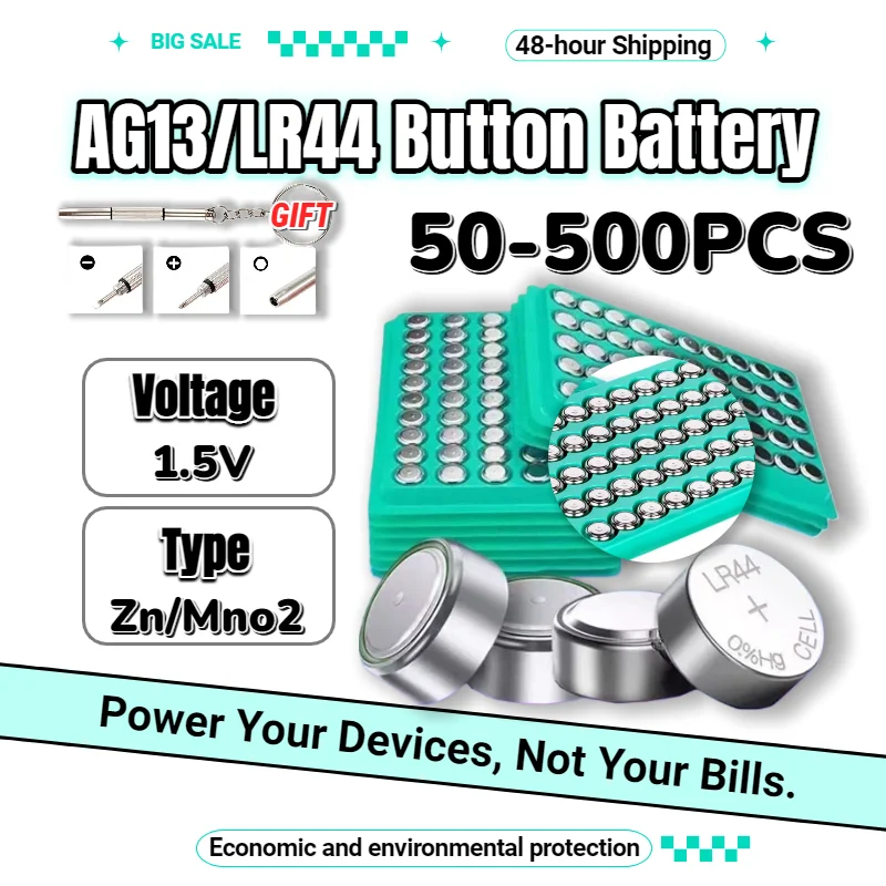 

LR44 AG13 Button Cell Battery 1.5V, Also Fit LR41 AG3 LR1130 AG10 LR626, Alkaline Coin Batteries for Watches, Toys, Games