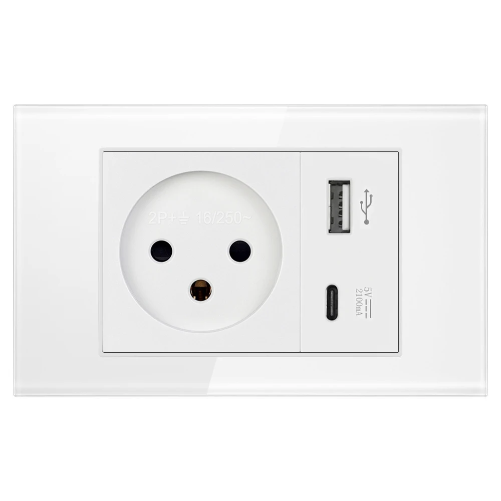 VISWE Israel Socket with Usb Type-c Charger, White/Black Tempered Glass Panel 118*72mm, AC 250V 16A Electric Power Outlet