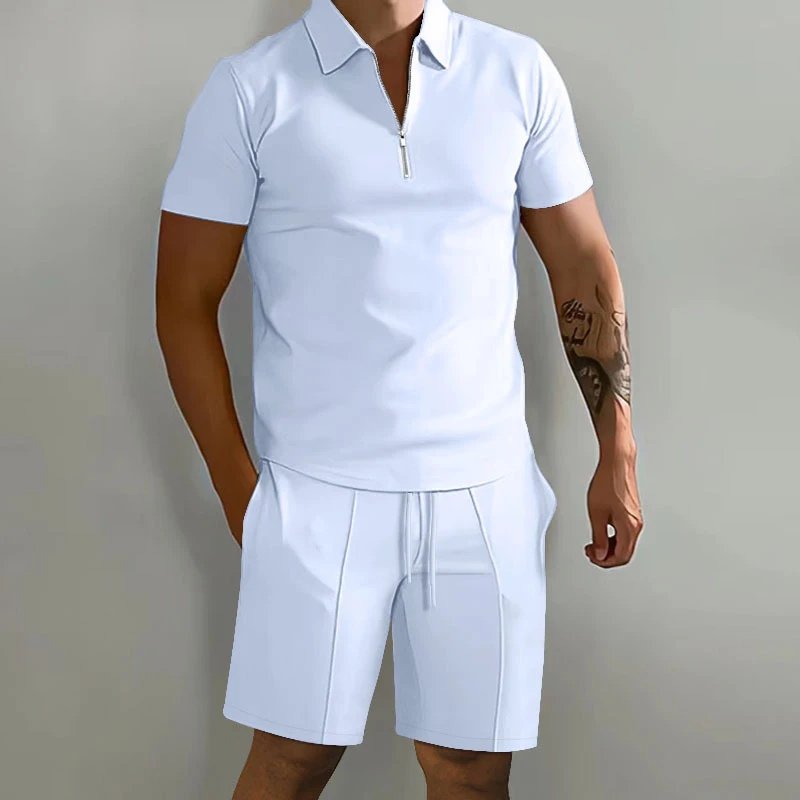 Summer New Solid Color Men\'s Sets High Street POLO Collar Short Sleeve Zip Fastener Pullovers Elastic Waist Pockets Y2K Shorts