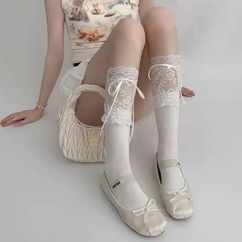 Cute Velvet Over Knee Socks White Lace Ribbon Tied Lolita Style Socks for Women Casual Home Party Outfit