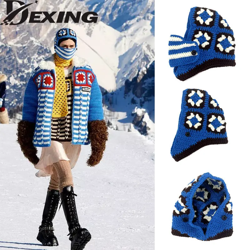 Korea Grid Hoods Hat  Autumn Winter Warm Knitted Floral Balaclava Mask Crochet Pullover Ear Protection Beanie Women Ski Hat