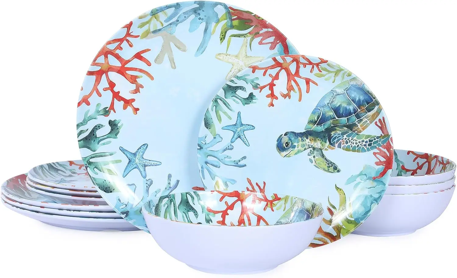 

12-Piece Melamine Turtle Dinnerware Set, Ocean Plates and Bowls Sets, Indoor Outdoor Dish Sets for 4, Unbreakable Lightweight Ta