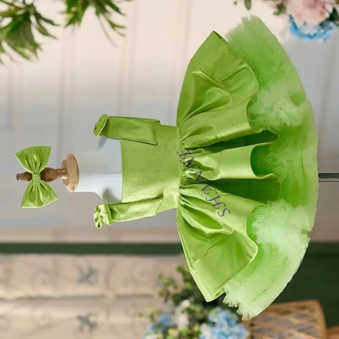 Abito da bambina con colletto quadrato in raso verde elegante personalizzato, lunghezza al ginocchio, principessa, matrimonio, compleanno, festa, abito da ballo