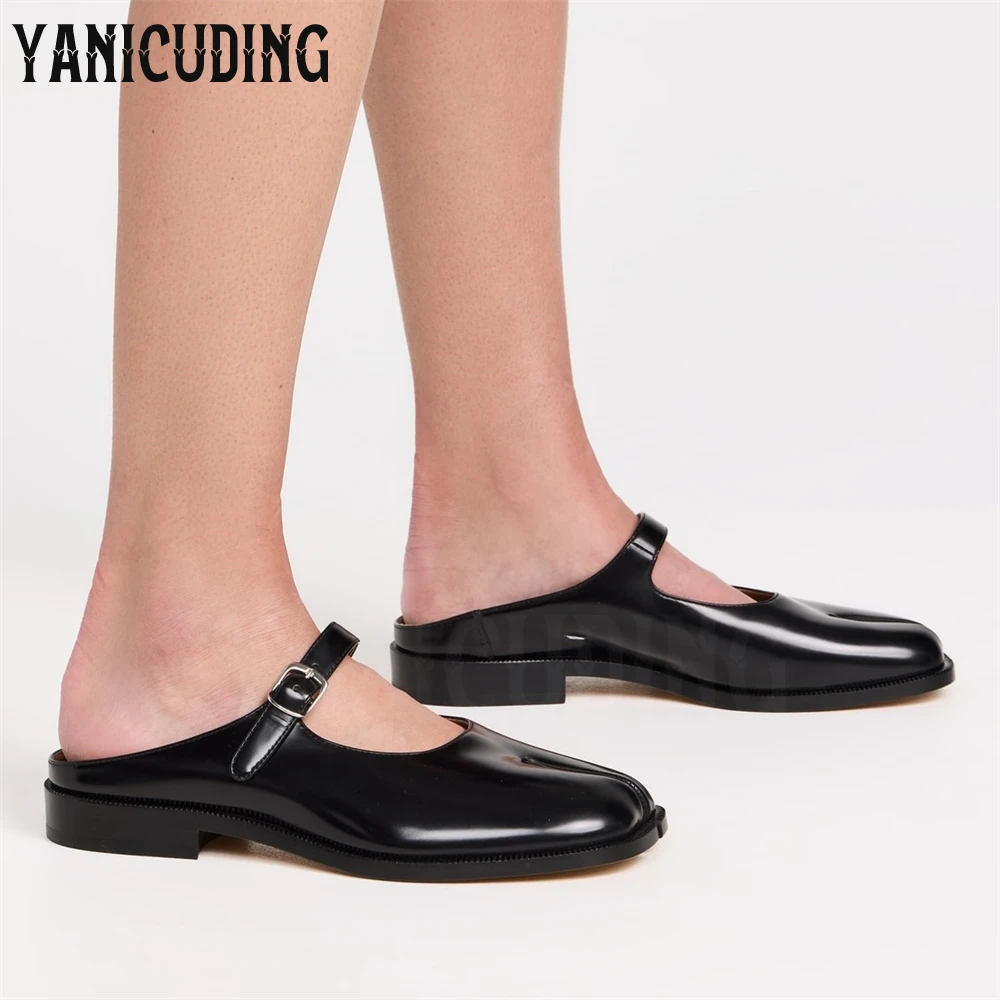 Tabi Mules for Women Decorative Buckle Detail Slippers Split Square Toe Slip-On Style Leather Shoes Customizable Handmade Shoes