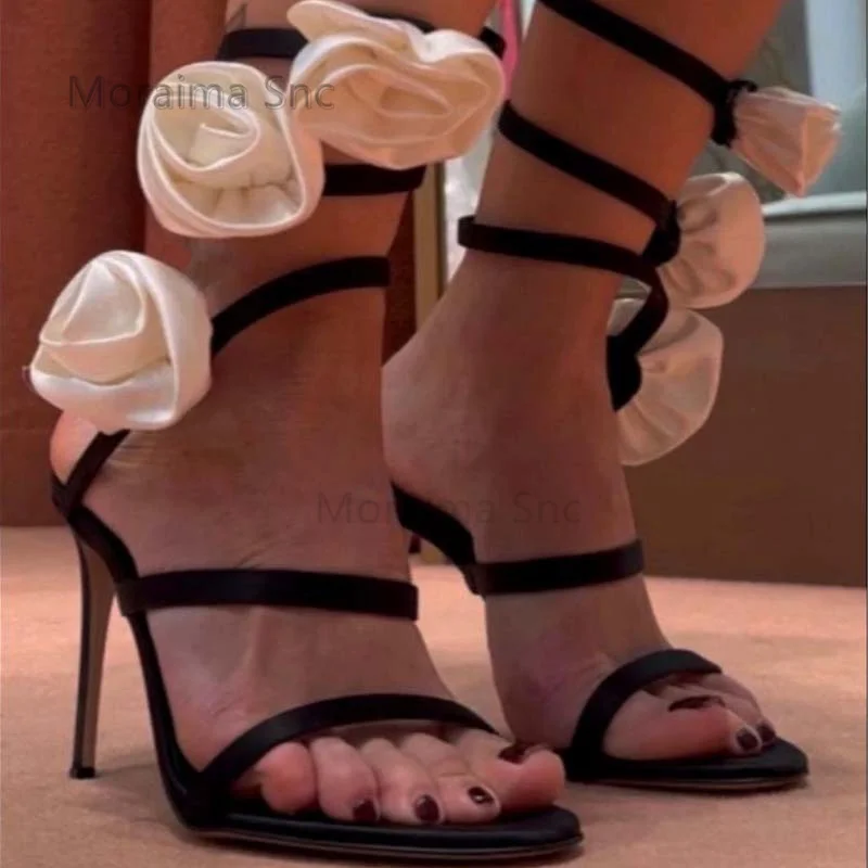 Rose Flowers High Heels Satin Sandals for Women Designer Open Toe Ankle Cross Wrap Stiletto Party Wedding Shoes Summer New