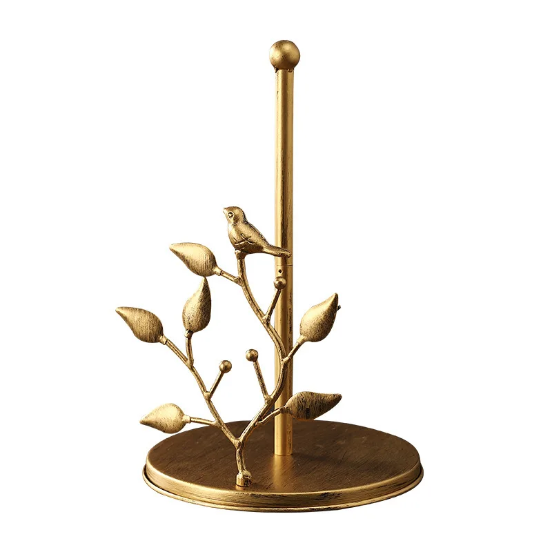 Vertical wooden bottom tissue holder, kitchen storage napkin roll paper holder, creative light luxury metal tissue holder