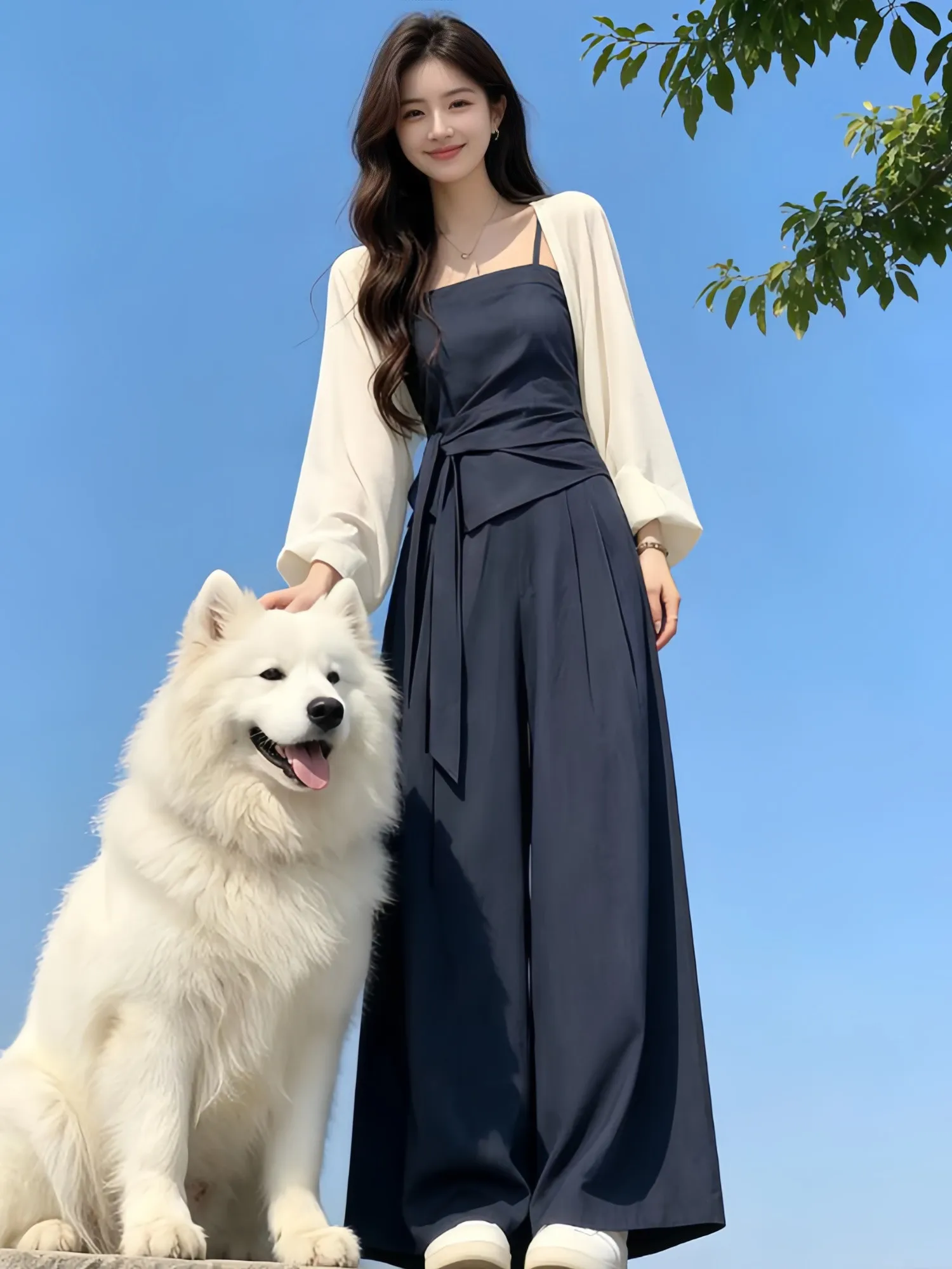 Unique Summer Women's Fashion Set Beautiful Sunscreen Cover up Tank Top Wide Leg Pants Three Piece Set Casual Style High Waist