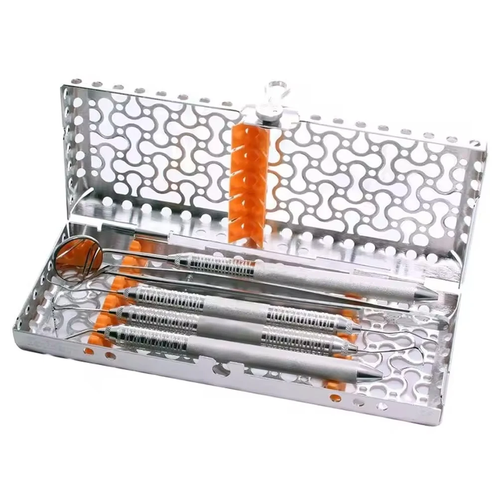 

High Quality Orthodontic Sterilization Cassette with Scaler Diagnostic Probes Mirror Tweezer Set Dental Instruments Dentist Kit