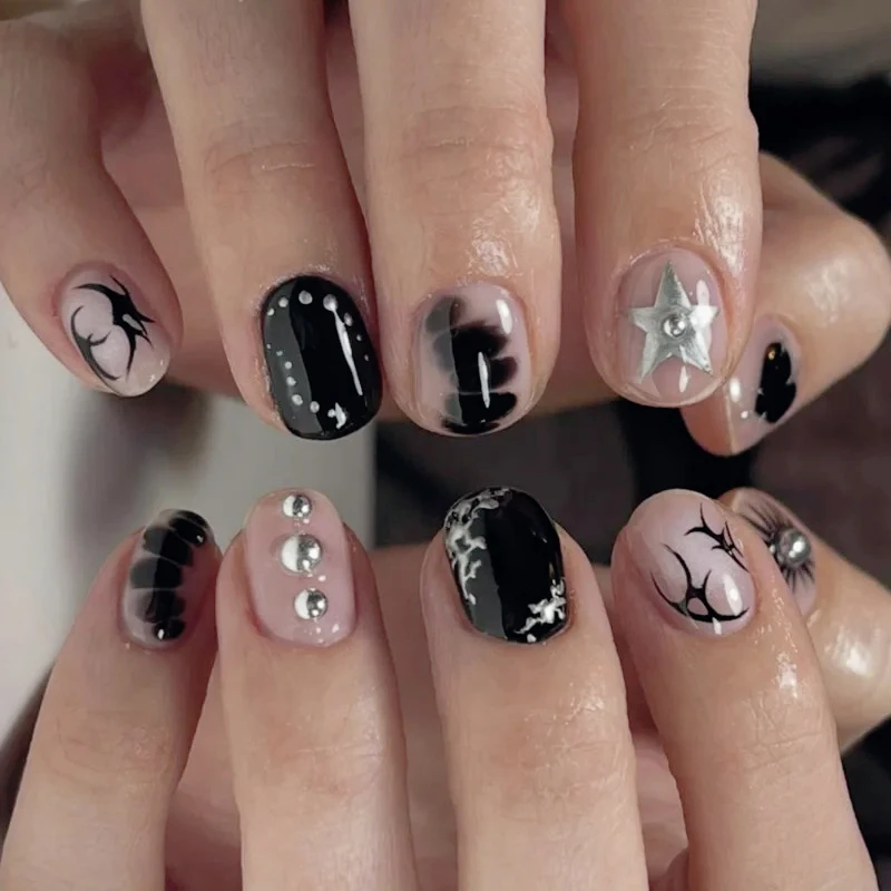 French Black Snake Pattern Polka Dot Flower Almond Fake Nails Art Star Long Pointed False Nails Moon Sun Square Press on Nails