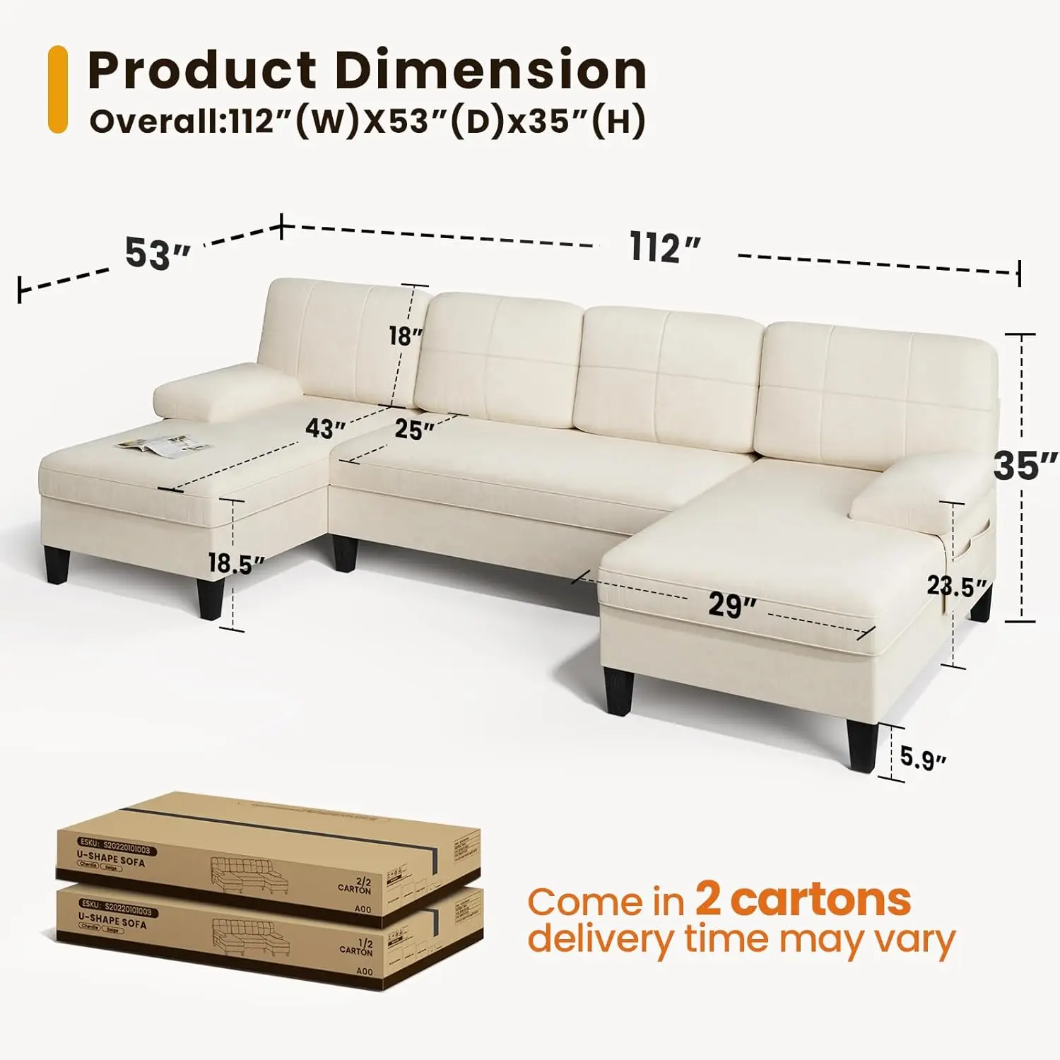 112-inch beige U-shaped storage sofa, a must-have for living rooms.