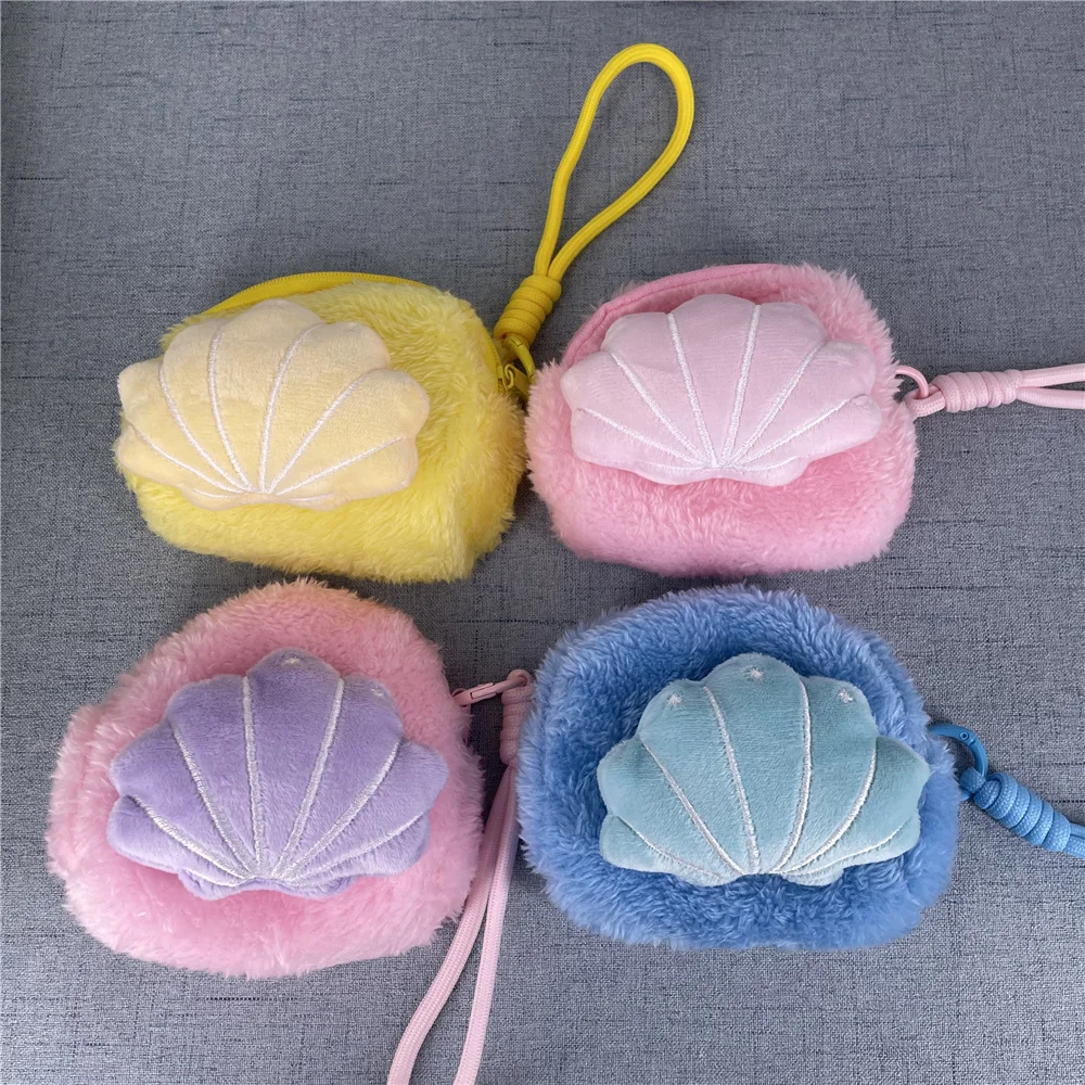 20PCS 4Colors , 11CM Fluffy Shell Design Plush Coin Pouch Bag , Wrist Rope Coin Wallet Purse