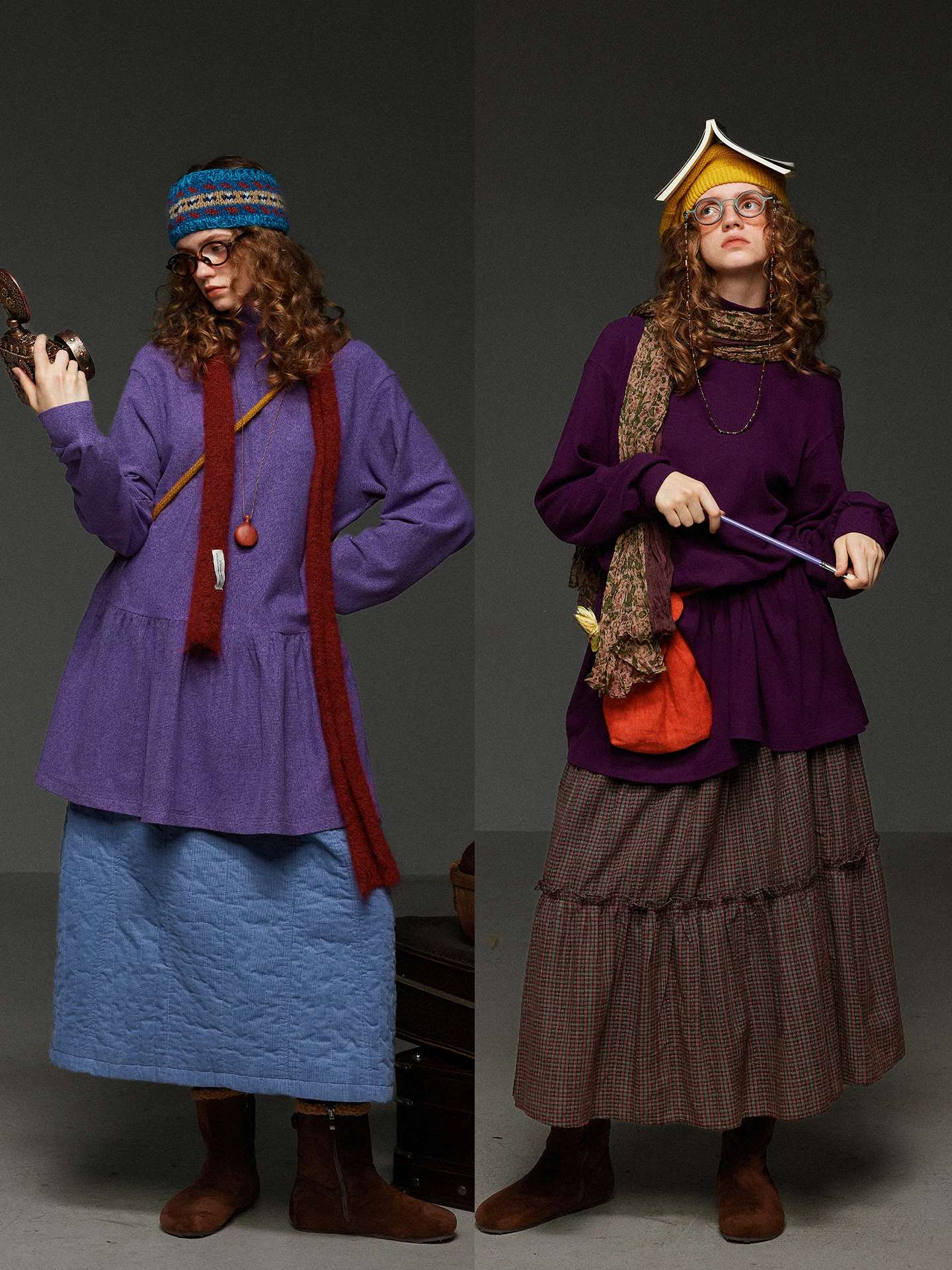 

TNIT Retro High Collar Pleated Hem Midi Dr Women Spring Versatile Loose Slimming Skirt Long Sve Casual Wear