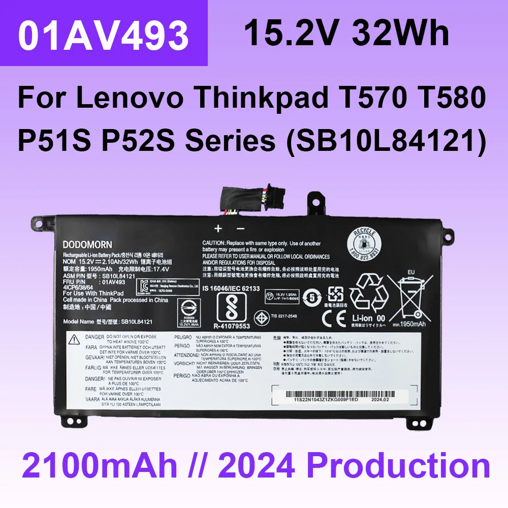 For Lenovo ThinkPad T570 T580 P51S P52S Series 01AV493 SB10L84121 SB10L84122 00UR890 00UR891 Laptop Battery 15.2V 32Wh 2100mAh