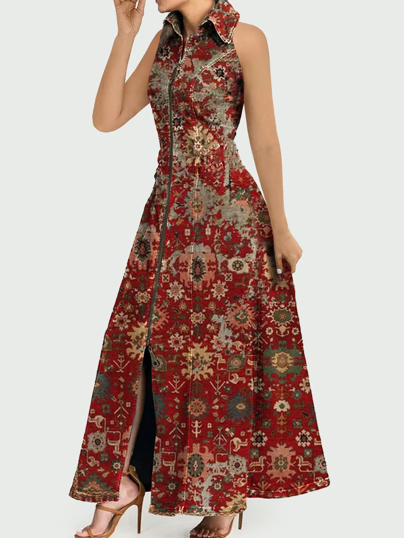 

Summer Print Blazer Dress for Women Temperament Slim Zipper Maix Dresses Turndown Collar Office Lady Sleeveless Jacket Trench