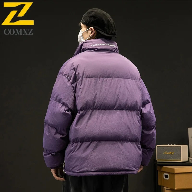 COMXZ 2025 الحد الأدنى الوقوف طوق سترة قطن الرجال الشتاء أسلوب بسيط سترة معطف بلون ملابس خارجية ملابس خروج غير رسمية