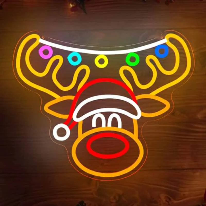 

Рождественский неоновый знак с оленями для декора стен, красочный переключатель с регулируемой яркостью, рождественская светящаяся вывеска для окна, дома, праздника, настенное искусство