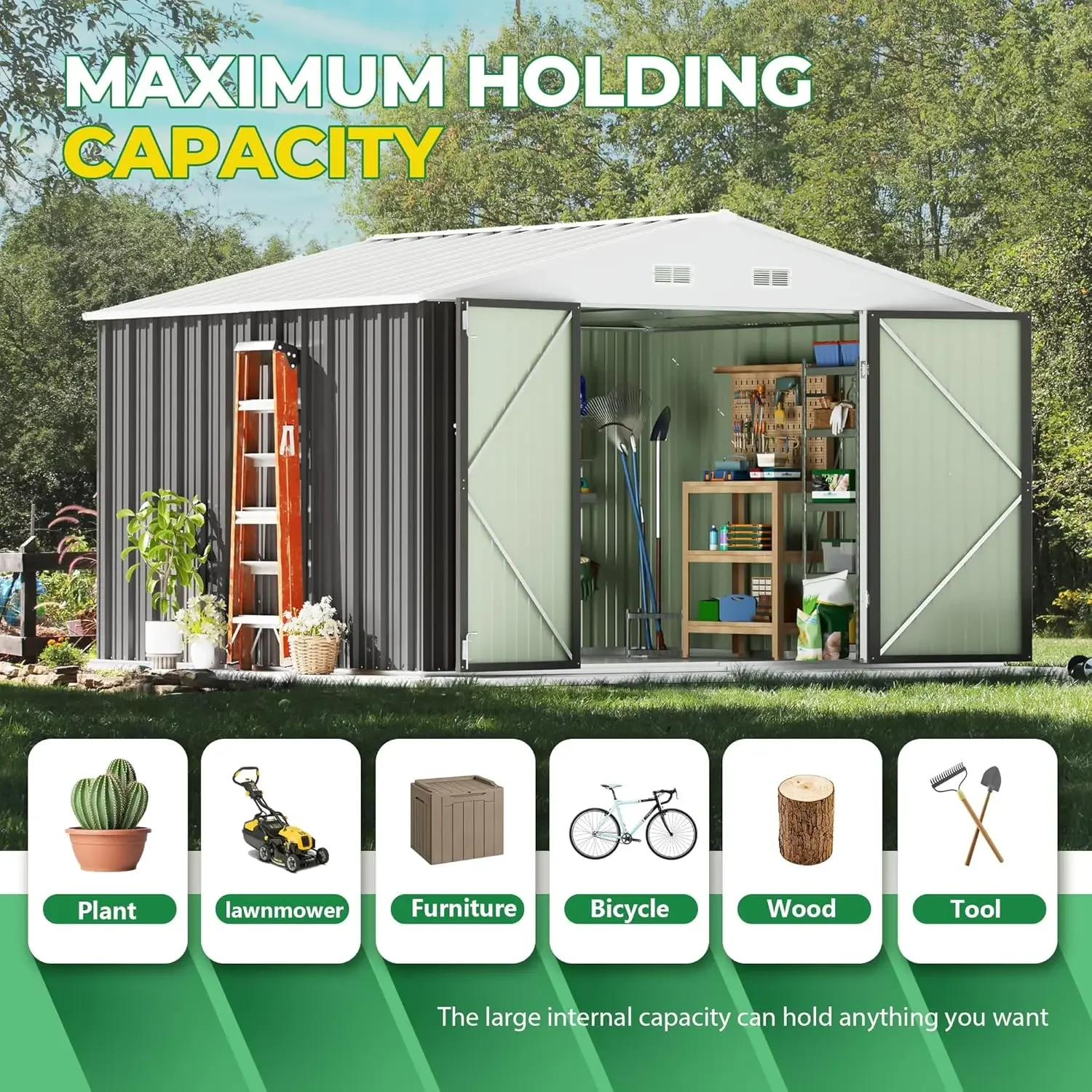 سقيفة تخزين خارجية عالية الجودة مقاس 8 × 10 أقدام، ومظلات حديقة معدنية وتخليص تخزين خارجي، وسقيفة أدوات كبيرة في الهواء الطلق · Hot S