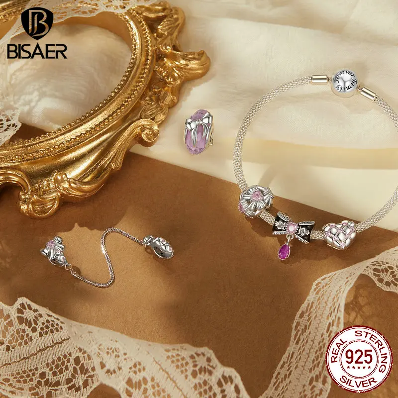 BISAER 925 Sterling Silver Romantico Fiocco di Fascino Arco Catena di Sicurezza Cuore di Silicone Modello di Diamante Perlina per Braccialetti Fai