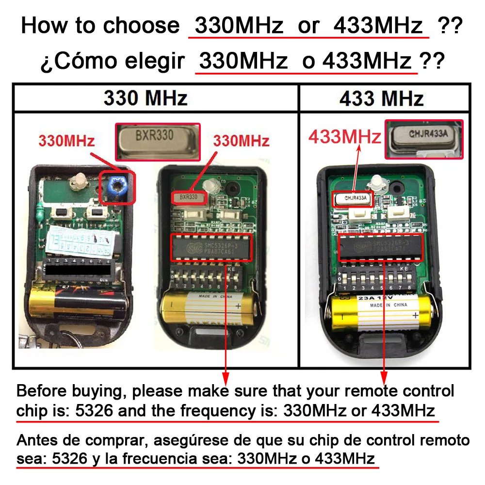 SMC5326 330MHz 433MHz Remote Control 8 DIP Switch For Gate Garage Door Opener Remote Control