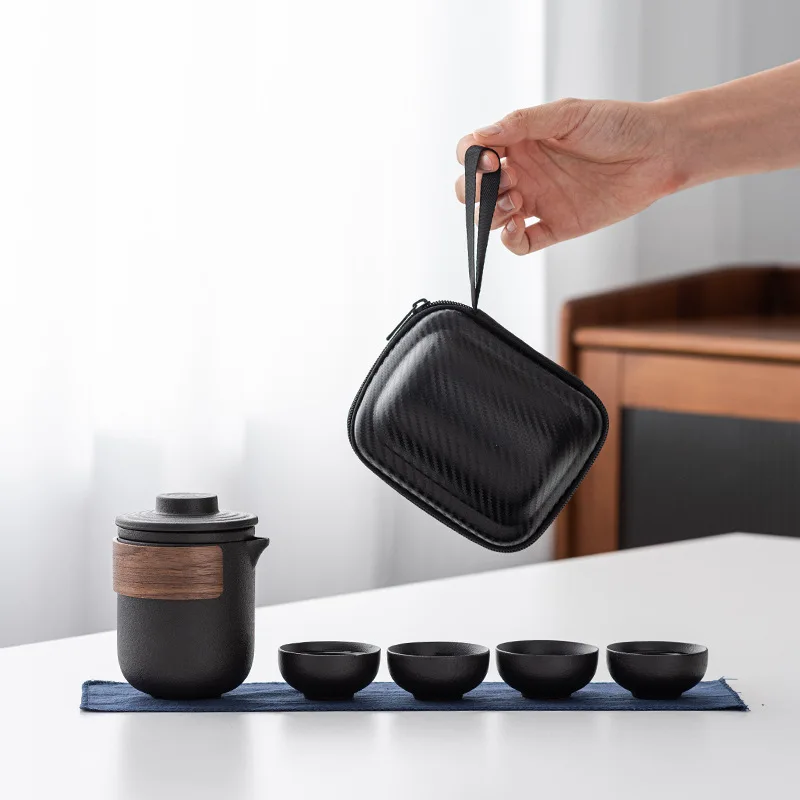 

Black Pottery Travel Portable Set One Pot Two or Four Cups Ceramic Kung Fu Tea Set