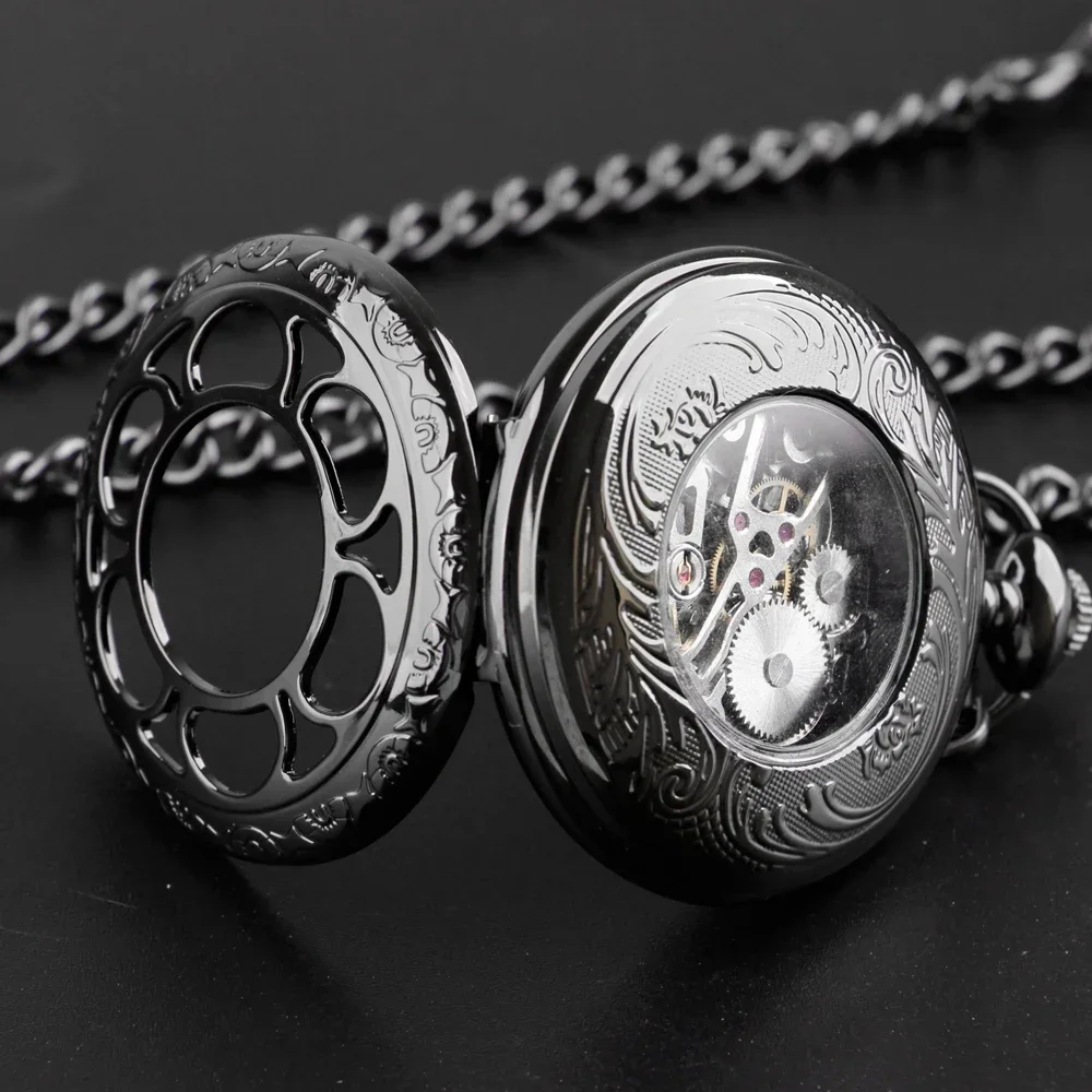 Vintage Black Semicircle Mechanical Hand Wind Pocket Watch Chain Luxury Steampunk Women Men Watches Fob Male Clock Gifts