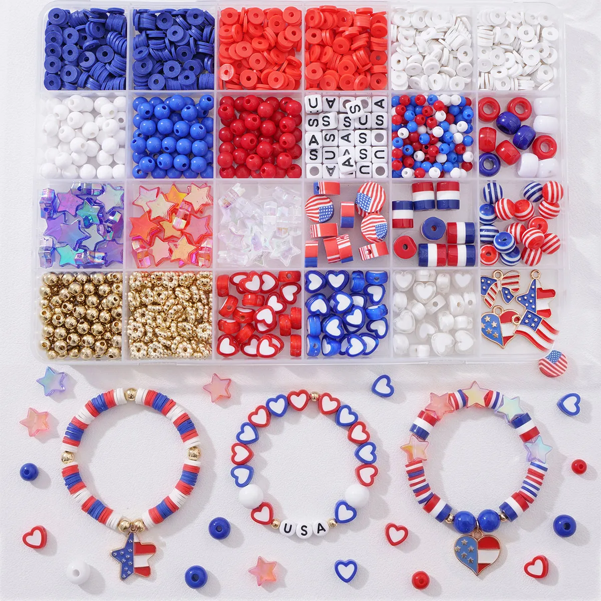 15/24 Grids Polymer Clay Beads Jewelry Making Set Patriotic USA Independence Day Bracelet DIY Kit with Scissors 1160-1900pcs