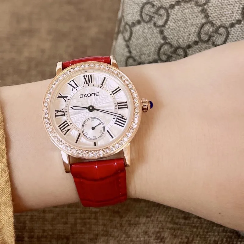 SKONE Blue balloon round fashion retro trend belt with high-end feel diamond inlaid versatile quartz watch for women
