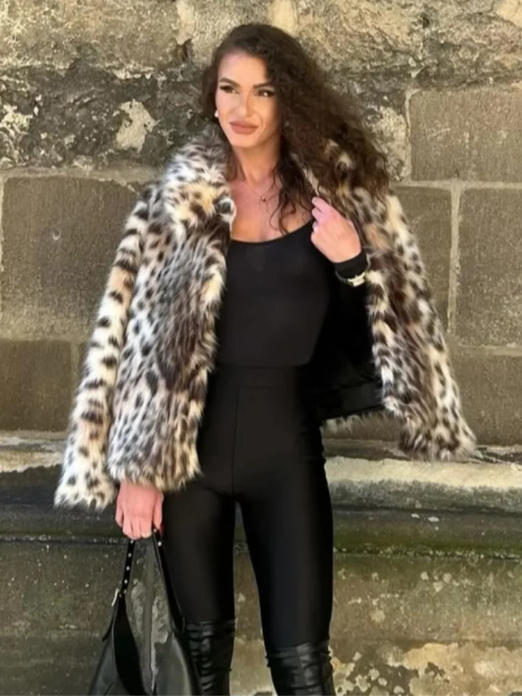 Women Faux Fur Jacket Leopard Print Loose Contrast Collar Single-breasted Lapel Full Sleeve Coat Lady Autumn Winter Jackets 2026