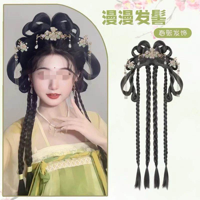 Women Hanfu Wigs Headdress Photography Dance Accessory Wigs Chinese Ancient Wig Black For Women daily versatile set