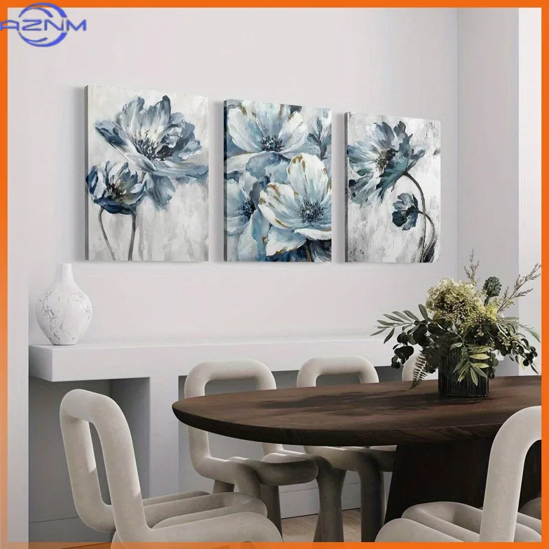 3PCS 2D Decorative painting - Canvas painting - Abstract blue flowers on canvas art - cheap room decor - kitchen decor - picture