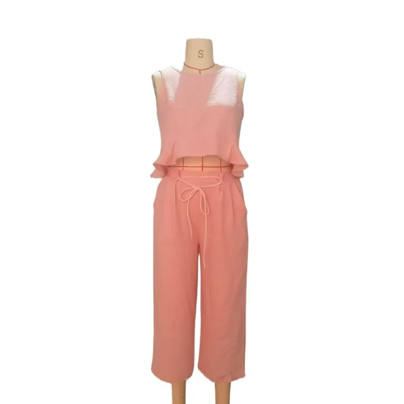 

The New European American Cross-border Summer Women's Linen Blend Two-piece Set Contains Lotus Leaf Edge Dew Simple Casual Trend