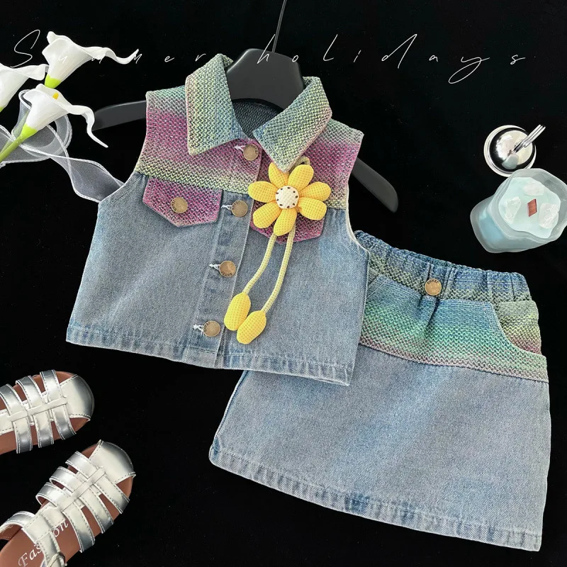 

Girls' Vest Set New Summer Baby Girl Gradient Washed Soft Denim Sleeveless Short Skirt Two-Piece Set Trendy