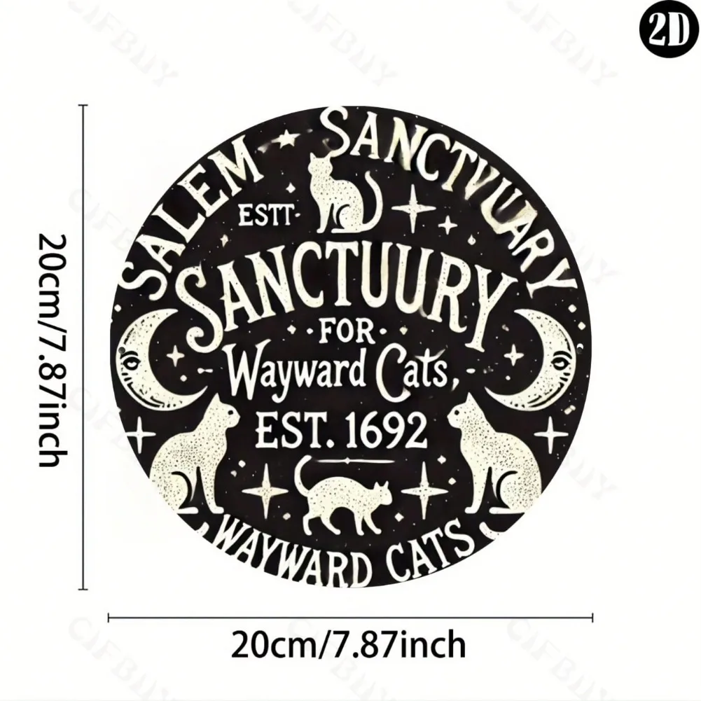 8x8In Round Salem Witchcraft Cat Sanctuary Sign - Vintage Aluminum Art, Durable for Indoor/Outdoor/Home
