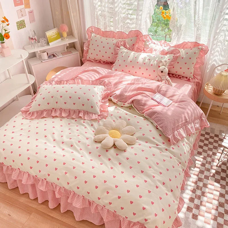 

Pink Korean Princess Bedding Set No Filling Cute Strawberry Duvet Cover Checkerboard Single Queen Size Bed Linen Pillowcases