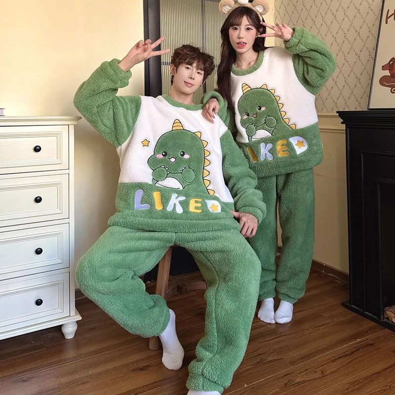 2025 Winter Couple Long Sleeve Thick Warm Flannel Pajama Sets For Men Cute Cartoon Sleepwear Pyjama Women Homewear Home Clothes