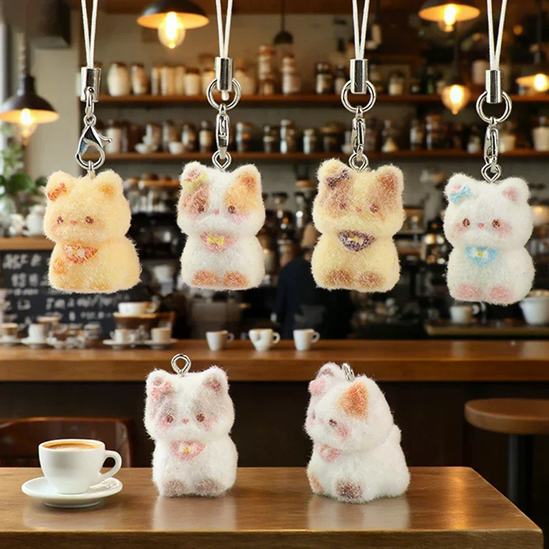 Kawaii Plush Cute Cat Keychain Flocking Animal Pendant Phone Lanyard Hanging Keycord Charm Key Chains DIY Accessories Girl Gifts