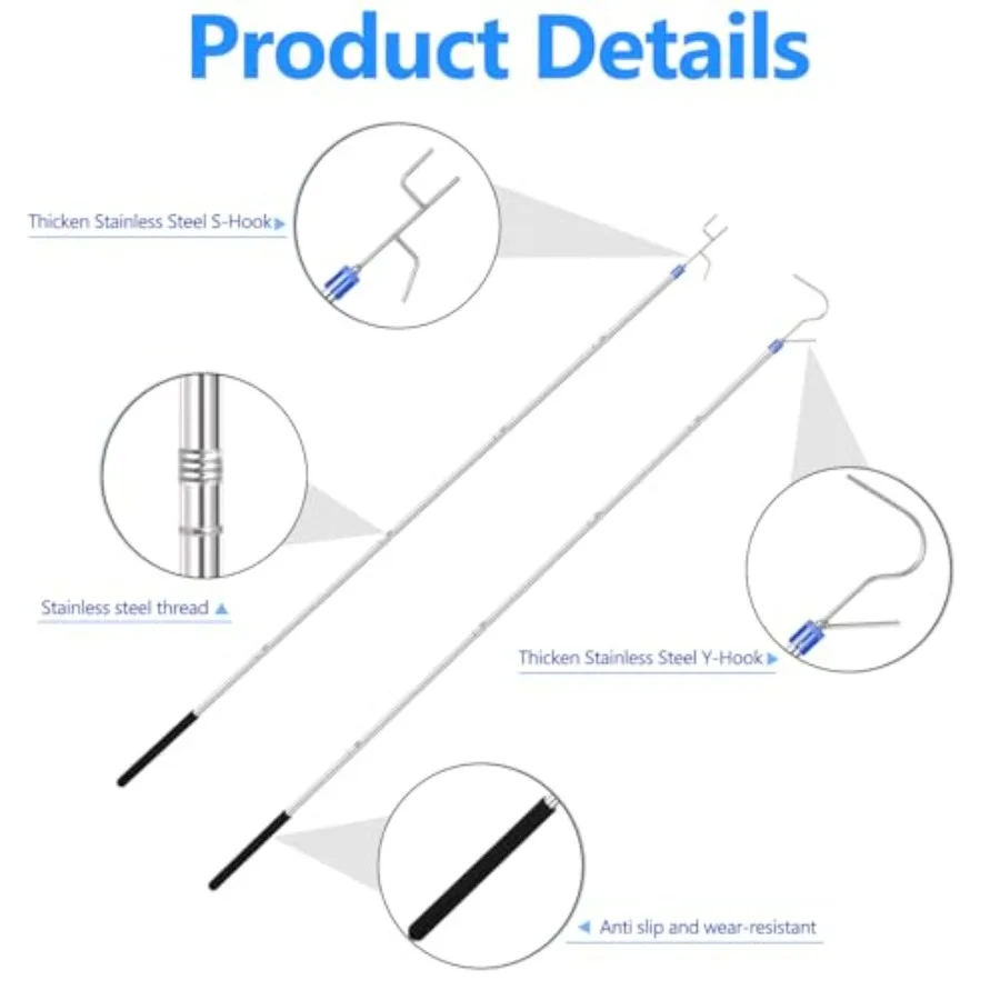 Clothes Hook Pole, Clothes Hanger Reaching Hook for Hanging Clothes Light and Plants Extendable from 29