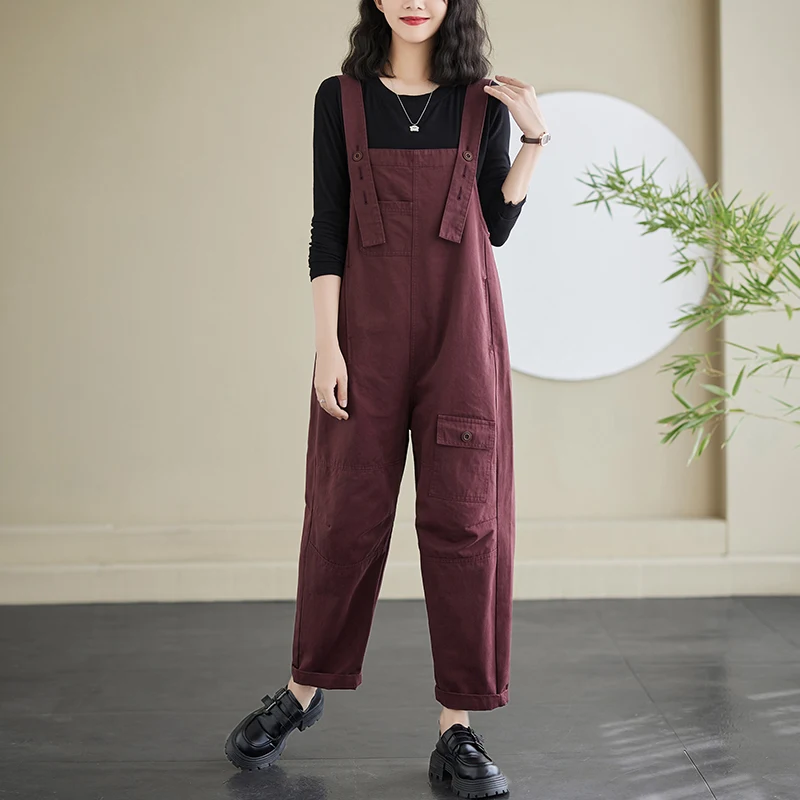 Aricaca Loose Bib Suspenders Cotton Overalls for Women Vintage Streetwear Wide Leg Cargo Baggy Pants