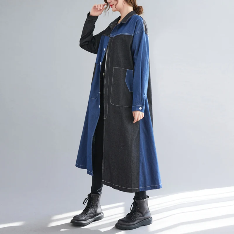 Cor blo waed denim irt dr longo sve colarinho saia evasê para mulheres plus size outono commute sle thiened