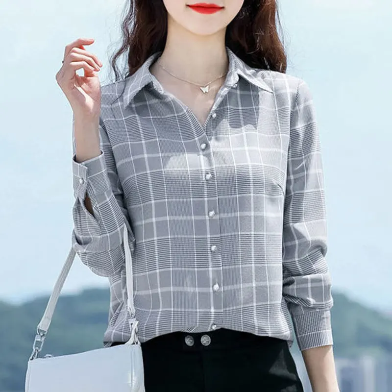 Women\'s New Style Fashion Simplicity Plaid Polo Collar Long Sleeve Shirts Women Clothes Casual All-match Elegant Temperament Top